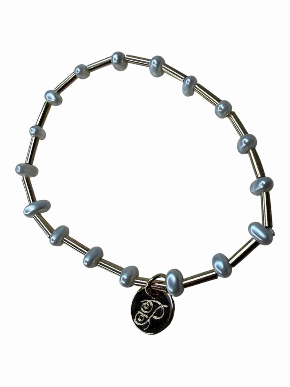 Plunder Silver & Gray Beaded Stretch Bracelet with Monogram Charm
